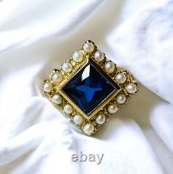 10k Gold Antique Sapphire Seed Pearl Ring Size 7.75 Victorian Art Nouveau 3.8g