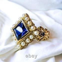 10k Gold Antique Sapphire Seed Pearl Ring Size 7.75 Victorian Art Nouveau 3.8g