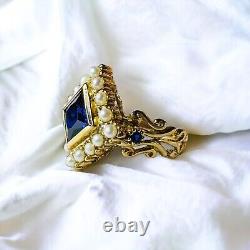 10k Gold Antique Sapphire Seed Pearl Ring Size 7.75 Victorian Art Nouveau 3.8g