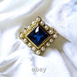 10k Gold Antique Sapphire Seed Pearl Ring Size 7.75 Victorian Art Nouveau 3.8g