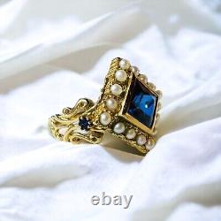 10k Gold Antique Sapphire Seed Pearl Ring Size 7.75 Victorian Art Nouveau 3.8g