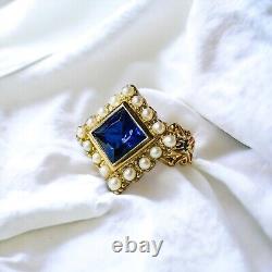 10k Gold Antique Sapphire Seed Pearl Ring Size 7.75 Victorian Art Nouveau 3.8g