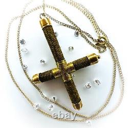 14k Gold Antique Georgian Era Woven Hair Cross Necklace 19 Mourning Jewelry