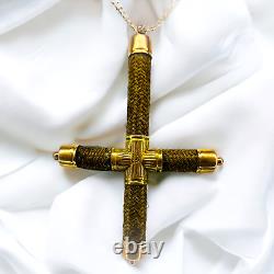 14k Gold Woven Hair Cross Necklace 19 Antique 18th Century Mourning Jewelry