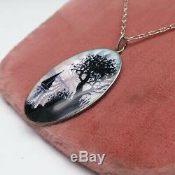 17.5 Norwegian Guilloche Enamel Silhouette Tree Ocean Sterling Silver Necklace