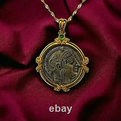 18k Gold Ancient Goddess Athena Coin Necklace 16 Emerald Amulet 750 Gold 4.6g