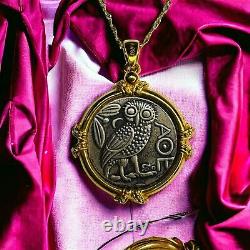 18k Gold Ancient Goddess Athena Coin Necklace 16 Emerald Amulet 750 Gold 4.6g