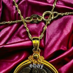 18k Gold Ancient Goddess Athena Coin Necklace 16 Emerald Amulet 750 Gold 4.6g