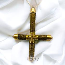 18th Century 14k Gold Woven Hair Cross Necklace 19 Antique Mourning Jewelry