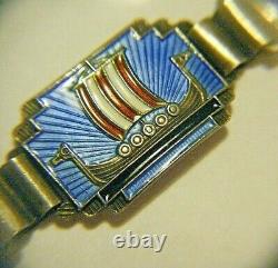 1930s Aksel Holmsen Norne Art Deco Galleon Ship Sterling Guilloche 7.5 Bracelet
