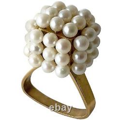 1960s Geometric Custom Scandinavian Modernist Pearl Silver Gold Vermeil Ring