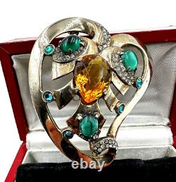 ANTQUE Nordic Jewelry New York 1940 Rose Gold Sterling Art Deco EMERALD C Brooch