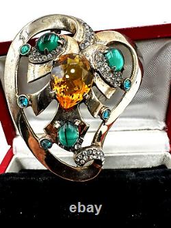 ANTQUE Nordic Jewelry New York 1940 Rose Gold Sterling Art Deco EMERALD C Brooch