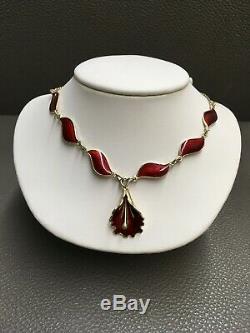 Aksel Holmsen Rare Sterling Silver & Red Enamel Orchid Dangle Necklace 16.5