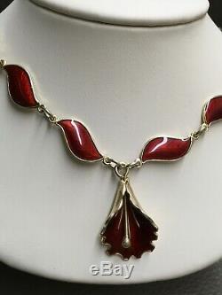 Aksel Holmsen Rare Sterling Silver & Red Enamel Orchid Dangle Necklace 16.5