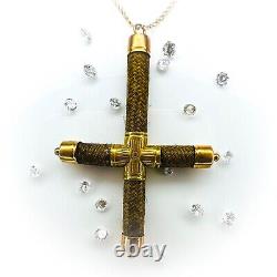 Antique 14k Gold Cross Necklace 19 Georgian Era Woven Hair Mourning Jewelry