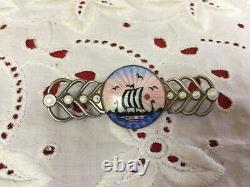 Antique 1900's AKSEL HOLMSEN 925 Sterling Guilloche Enamel Viking Ship Brooches