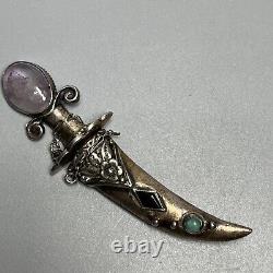 Antique 1940s Sterling Silver Knife & Scabbard Brooch Quartz & Cabochons 3.25