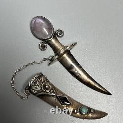 Antique 1940s Sterling Silver Knife & Scabbard Brooch Quartz & Cabochons 3.25