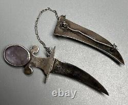 Antique 1940s Sterling Silver Knife & Scabbard Brooch Quartz & Cabochons 3.25