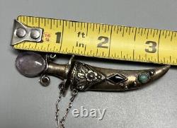 Antique 1940s Sterling Silver Knife & Scabbard Brooch Quartz & Cabochons 3.25