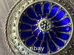 Antique Art Nouveau 14k Gold Electric Blue Enamel Flower Brooch Estate Jewelry