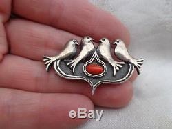 Antique Art Nouveau Signed Marius Hammer Norway Silver Doves Bird Coral Cab Pin