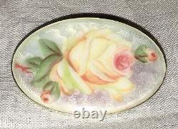 Antique Guilloche Pink Rose Brooch Sterling Silver White Gold Gilded 935 Pin