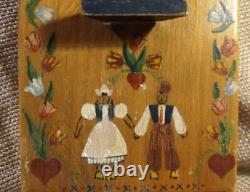 Antique Hand Painted Scandinavian Wood Dutch Box Jewelry Trinket Tulips & Couple