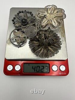 Antique Handmade Gilt Silver 830s Scandinavian Filigree Flower Brooch Lot of 4