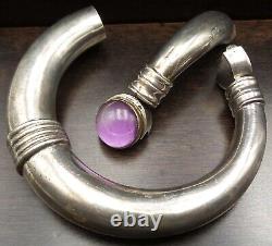 Antique Indian Sterling Silver & Amethyst Tribal Style Signed Designer Bracelet