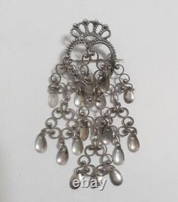 Antique Norwegian Sterling Silver Solje Dangle Pin Brooch Heart Crown 3 Signed