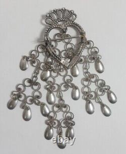 Antique Norwegian Sterling Silver Solje Dangle Pin Brooch Heart Crown 3 Signed