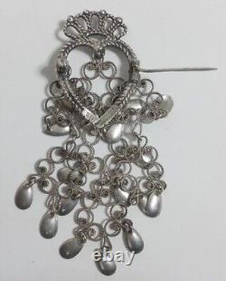 Antique Norwegian Sterling Silver Solje Dangle Pin Brooch Heart Crown 3 Signed