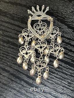 Antique Norwegian marked 925SV silver solje wedding pin brooch 3 x 1.5