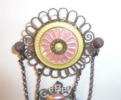 Antique Scandinavian Pink & Yellow Guilloche Sterling Silver Solje Brooch Pin