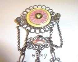 Antique Scandinavian Pink & Yellow Guilloche Sterling Silver Solje Brooch Pin