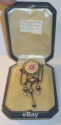 Antique Scandinavian Pink & Yellow Guilloche Sterling Silver Solje Brooch Pin