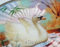 Antique/Vtg Signed Norwegian Sterling Silver Guilloche Enamel Autumn Swan Brooch