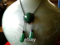 Antique sterling necklace jewelry jade green aventurine carved negligee art deco