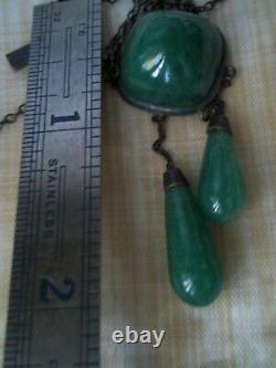Antique sterling necklace jewelry jade green aventurine carved negligee art deco