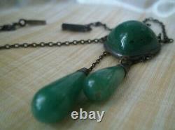 Antique victorian sterling necklace jewelry jade green aventurine stone negligee