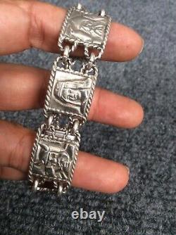 Beautiful Vtg signed Viking soldier silver links panel Bracelet