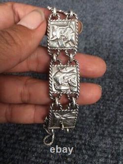 Beautiful Vtg signed Viking soldier silver links panel Bracelet