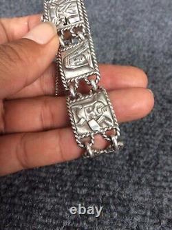 Beautiful Vtg signed Viking soldier silver links panel Bracelet