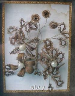 Circa 1860 Danish beaded mourning hair wreath in antique Shadow Box