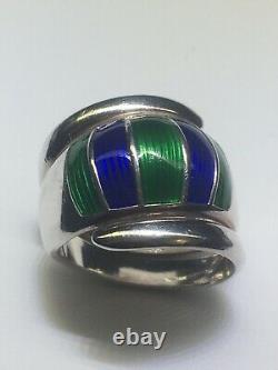 DAVID ANDERSEN Norway Sterling Silver Blue and Green Enamel Bypass Ring (Size 8)