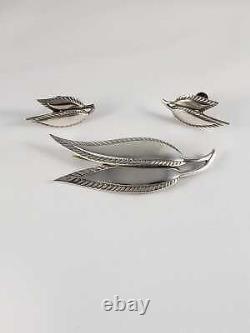 Danish Designer Just Andersen Sterling Leaves Brooch Earrings SET Circa 1930s