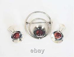 Danish NE From Chalcedony Sterling Modernist Brooch & Earring SET 1940s/50s