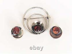 Danish NE From Chalcedony Sterling Modernist Brooch & Earring SET 1940s/50s